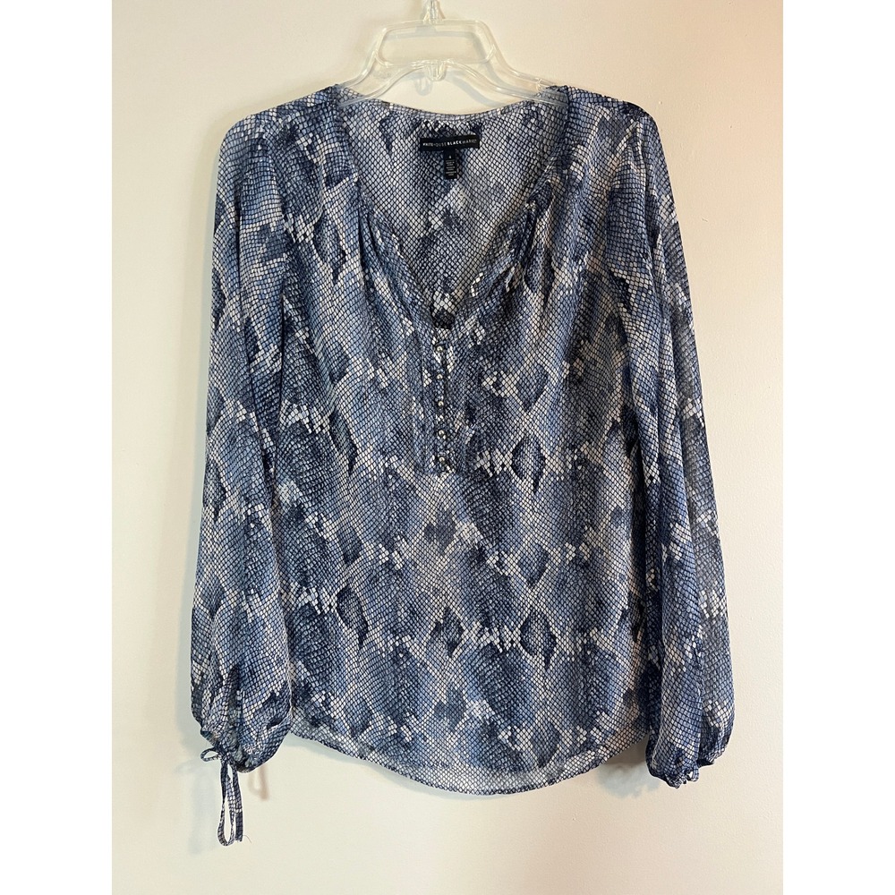 White‎ House Black Market Snakeskin Print Blouse Blue Grey Gold Metallic Top 4